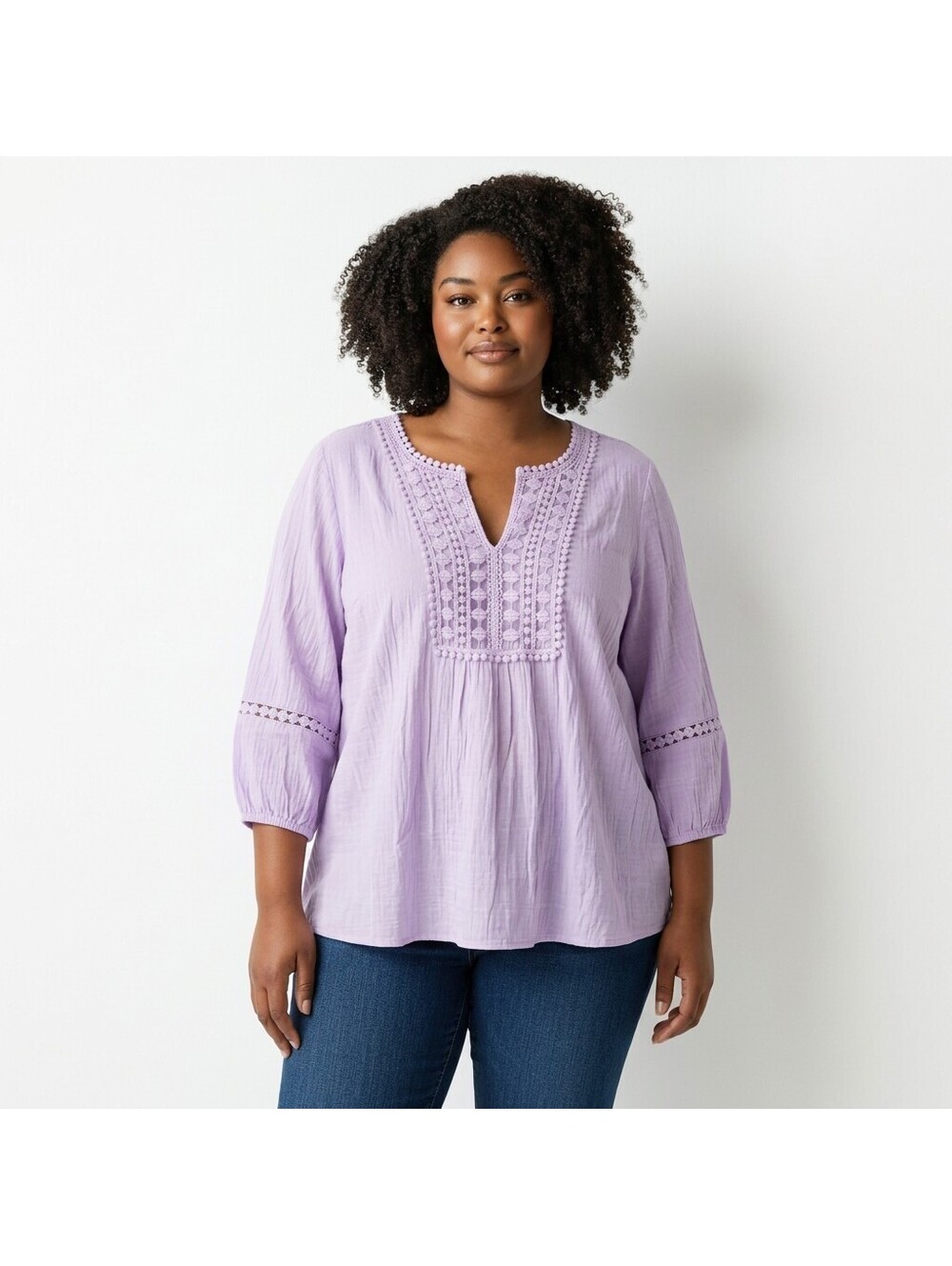 Como Vintage Blouse Women XL Purple V-Neck 3/4 Sleeve Rayon Casual Crochet